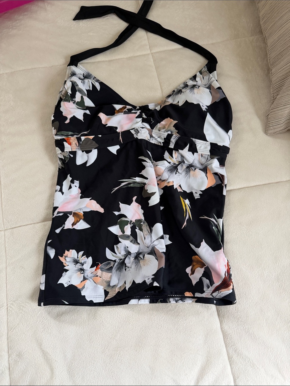 Athleta Black Floral Halter Camisole with White & Pink Blooms